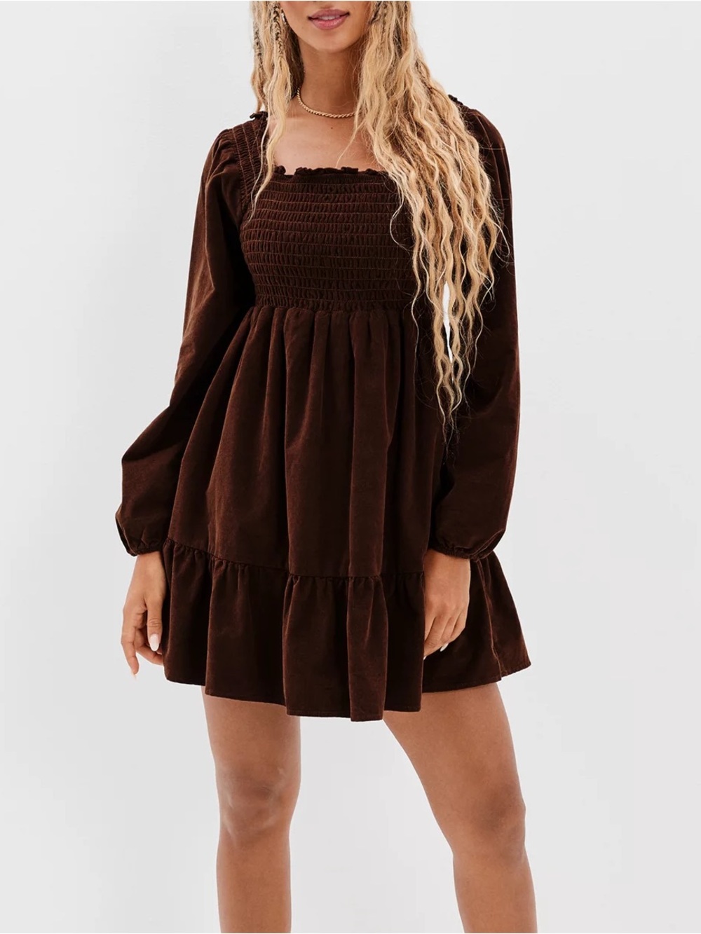 AE Long-Sleeve Smocked Corduroy Mini Dress
